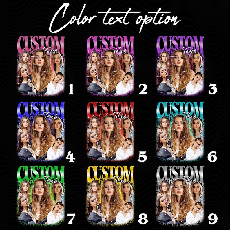 Puede incluir: Nueve opciones de dise&ntilde;o personalizadas se muestran sobre un fondo negro. Cada dise&ntilde;o presenta un retrato central de una mujer rodeada de otras mujeres. La palabra "CUSTOM" est&aacute; encima del texto "Text" en cada dise&ntilde;o. El texto "Color text option" est&aacute; en la parte superior.
