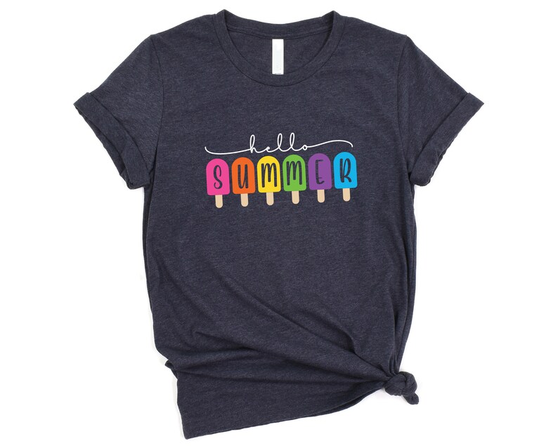May include: A dark blue t-shirt with the text "hello summer" and a row of colorful popsicle graphics.