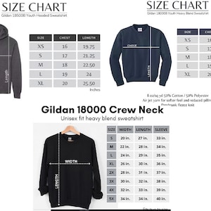 May include: Size chart for Gildan 185008 youth hooded sweatshirt and Gildan 180000 youth heavy blend sweatshirt. The chart shows chest and length measurements in inches for sizes XS, S, M, L, and XL. The chart also shows width, length, and sleeve measurements in inches for sizes S, M, L, XL, 2X, 3X, 4X, and 5X.