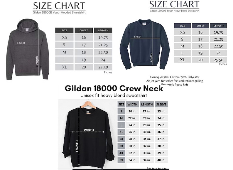 May include: Size chart for Gildan 185008 youth hooded sweatshirt and Gildan 180000 youth heavy blend sweatshirt. The chart shows chest and length measurements in inches for sizes XS, S, M, L, and XL. The chart also shows width, length, and sleeve measurements in inches for sizes S, M, L, XL, 2X, 3X, 4X, and 5X.