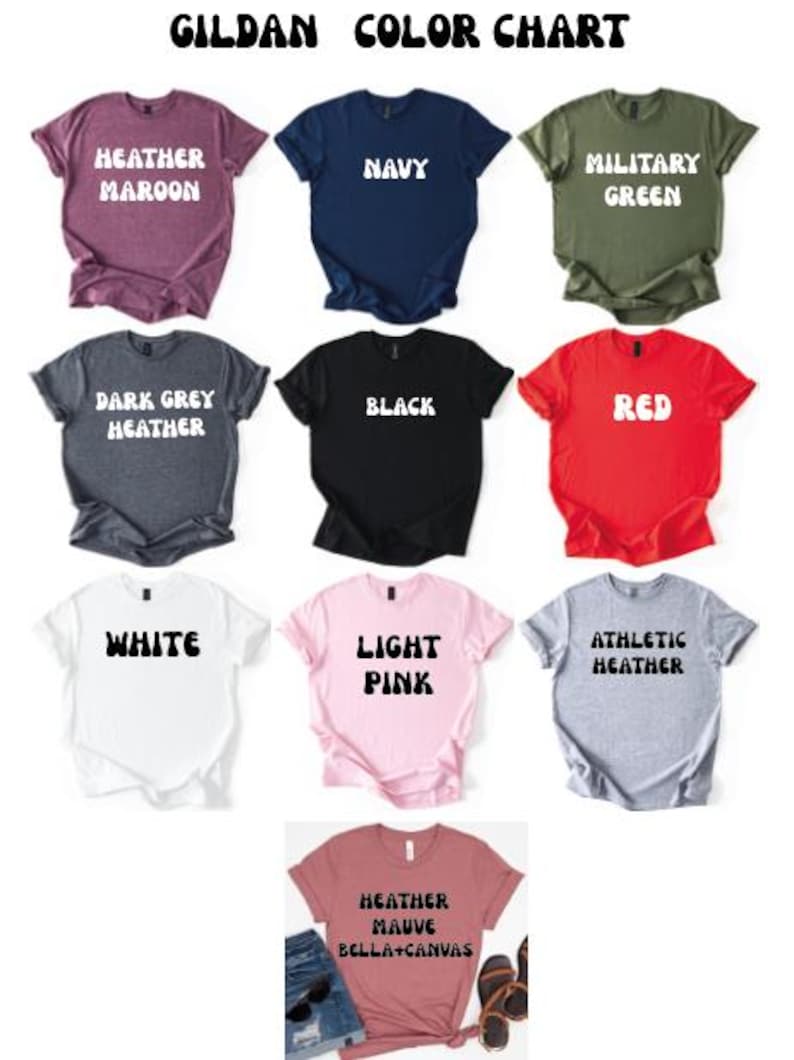 Puede incluir: Una carta de colores de camisetas Gildan en varios colores, incluyendo Heather Maroon, Navy, Military Green, Dark Grey Heather, Black, Red, White, Light Pink y Athletic Heather. El texto "GILDAN COLOR CHART" est&aacute; en la parte superior.