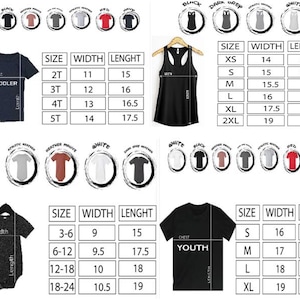 Puede incluir: Tablas de tallas para varias prendas infantiles y juveniles, como camisetas y camisetas sin mangas. Las tablas muestran tallas, anchos en cm y largos en cm, con opciones de color.