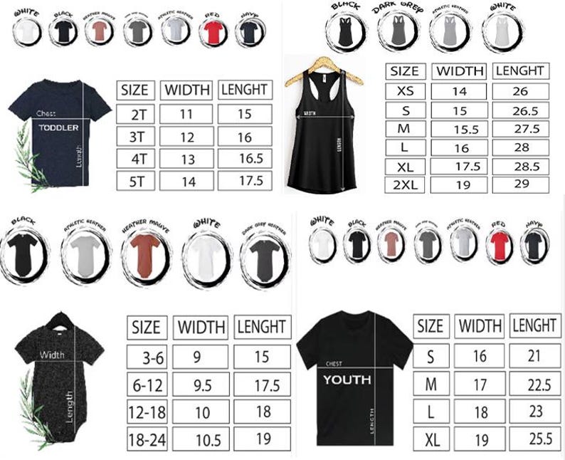 Puede incluir: Tablas de tallas para varias prendas infantiles y juveniles, como camisetas y camisetas sin mangas. Las tablas muestran tallas, anchos en cm y largos en cm, con opciones de color.