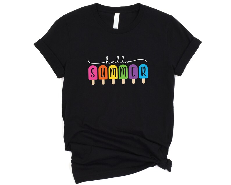 May include: Black t-shirt with a graphic of colorful popsicles and the text "hello summer" in white.
