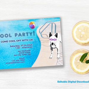 May include: A blue pool party invitation with a white dog wearing pink and white goggles. The invitation has text that reads "POOL PARTY! COME COOL OFF WITH US! Saturday, 07.04.2045 1:00 whenever our backyard street name our city, state, zip RSVP 123-456-7890 email@domain.com".