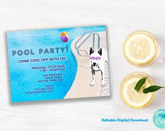 May include: A blue pool party invitation with a white dog wearing pink and white goggles. The invitation has text that reads "POOL PARTY! COME COOL OFF WITH US! Saturday, 07.04.2045 1:00 whenever our backyard street name our city, state, zip RSVP 123-456-7890 email@domain.com".