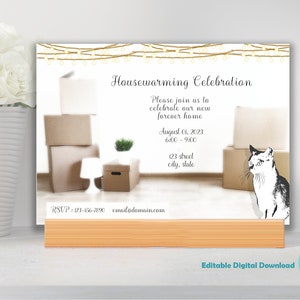 Chat avec boîtes de déménagement Inivitation de pendaison de crémaillère, Invitation modifiable, nouvelle maison, modèle Corjl, téléchargement numérique, thème chat, excentrique