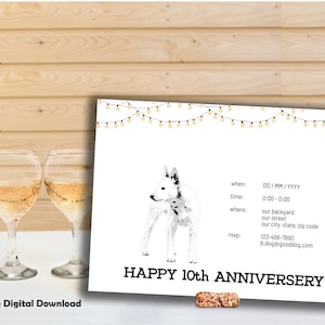 May include: Editable digital download of a white and black dog illustration with a string of lights at the top of the page. The text "HAPPY 10th ANNIVERSERY" is at the bottom of the page. The text "when: DD/MM/YYYY, time: 0:00-0:00, where: our backyard, our street, our city, state, zip code, rsp: 123-456-7830, b.dog@gooddog.com" is on the right side of the page.