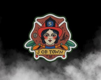 Female Firefighter Sticker – American Traditional Tattoo Art Decal