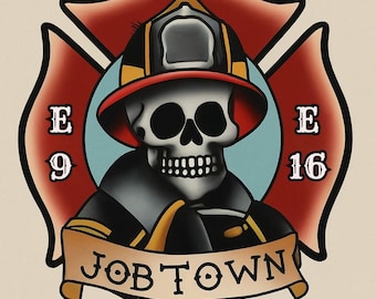 Customizable Firefighter Tattoo Sticker: American Traditional Skeleton Design