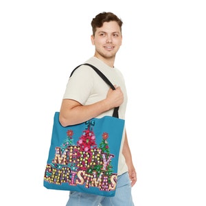 Merry Christmas lights trees colorful gift grocery tote Bag image 4