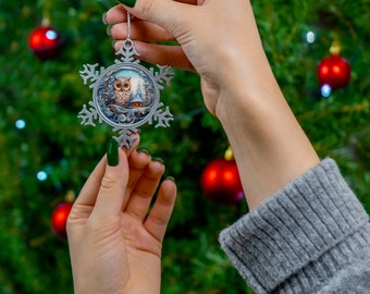 Owl Christmas Pewter Snowflake Ornament