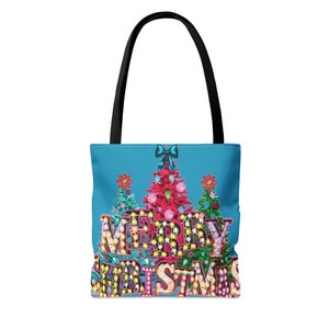 Merry Christmas lights trees colorful gift grocery tote Bag image 7