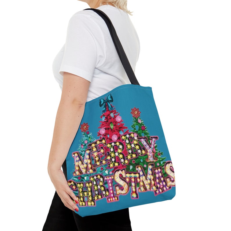 Merry Christmas lights trees colorful gift grocery tote Bag image 9