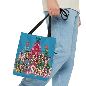 Merry Christmas lights trees colorful gift grocery tote Bag image 5