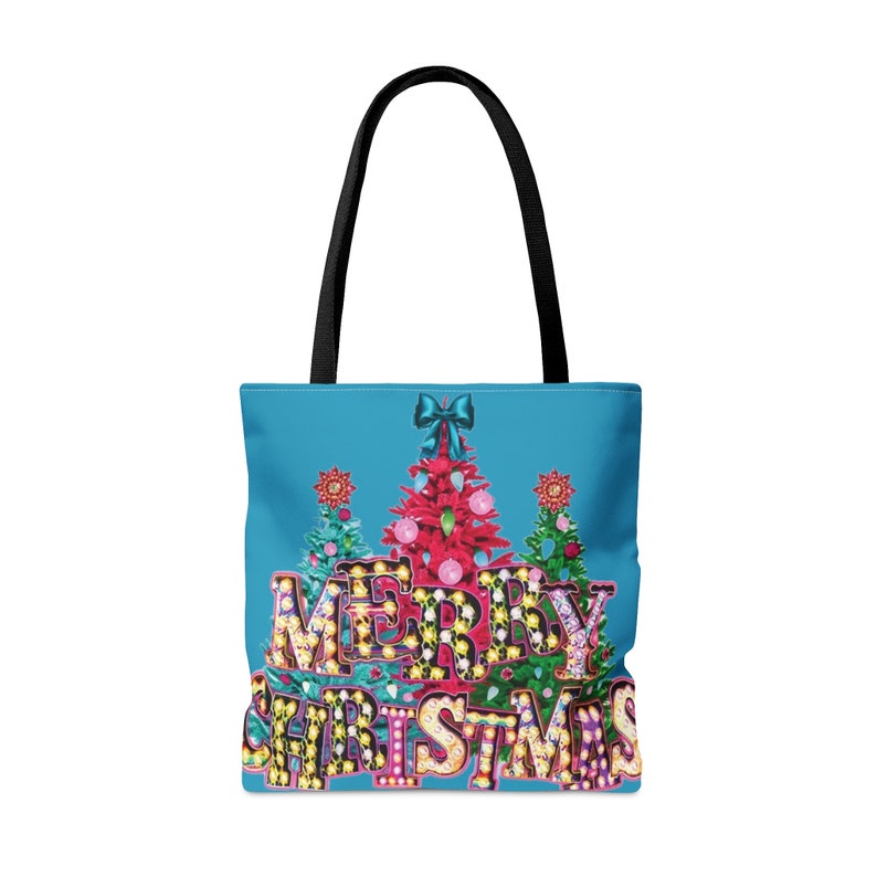 Merry Christmas lights trees colorful gift grocery tote Bag image 3