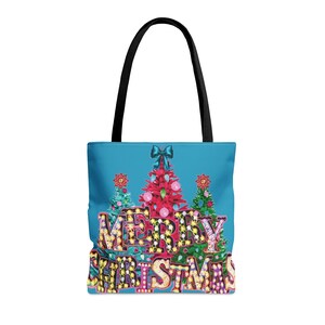 Merry Christmas lights trees colorful gift grocery tote Bag image 10