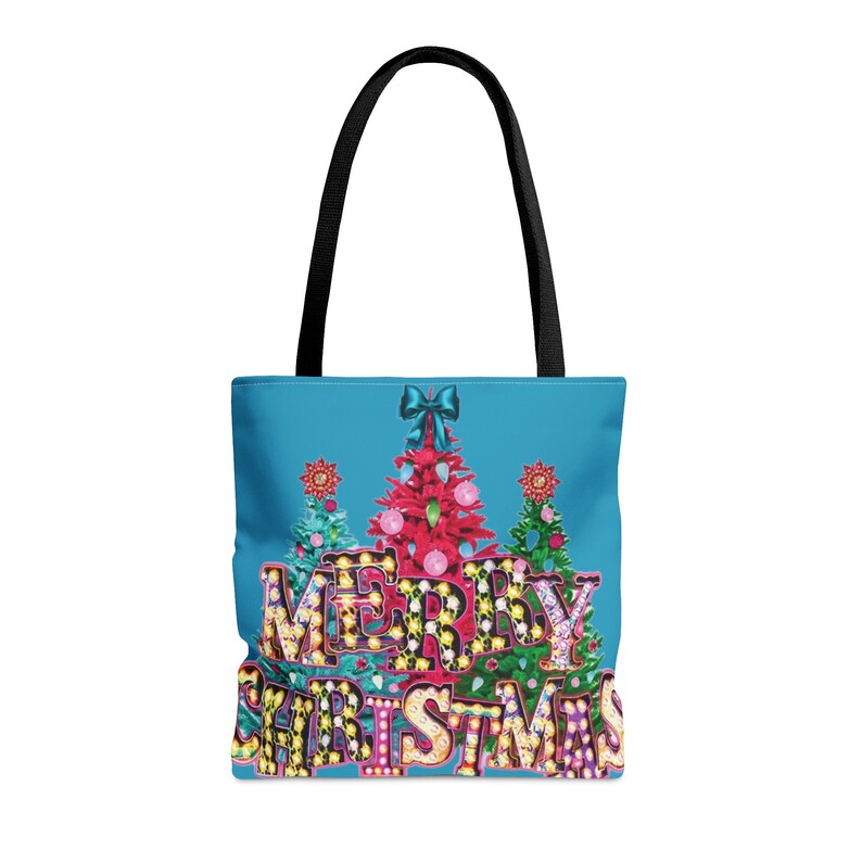 Merry Christmas lights trees colorful gift grocery tote Bag image 10