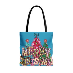 Merry Christmas lights trees colorful gift grocery tote Bag image 2