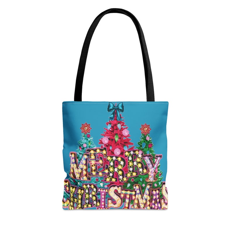 Merry Christmas lights trees colorful gift grocery tote Bag image 6