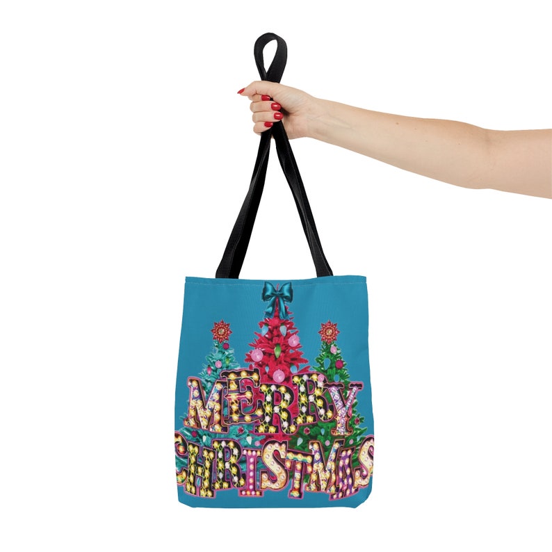 Merry Christmas lights trees colorful gift grocery tote Bag image 8