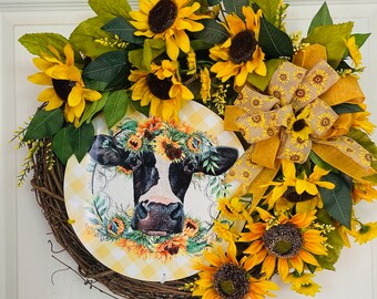 Yellow Sunflower Cow Wreath | Farmhouse Spring Summer Decor