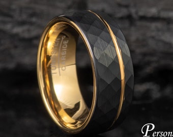 Personalized Tungsten Ring for Men Wedding Band 8mm Black & Yellow Gold Brushed with Groove Wedding Ring, Anniversary Promise Ring for Him