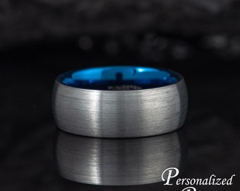 Men's Personalized Tungsten Anniversary Band, Dome Wedding Ring for Man, Comfort Fit Blue Gray Tungsten Ring, Gift for Husband, Blue Ring