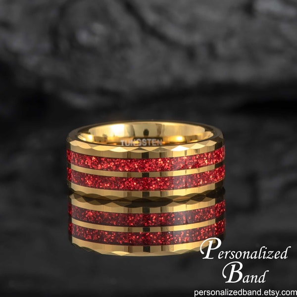 Personalized Gold Tungsten Wedding Band, His Wedding Band, Anniversary Band for Men, Men's Ring with Red Glitter Inlay, Promise Ring for Him