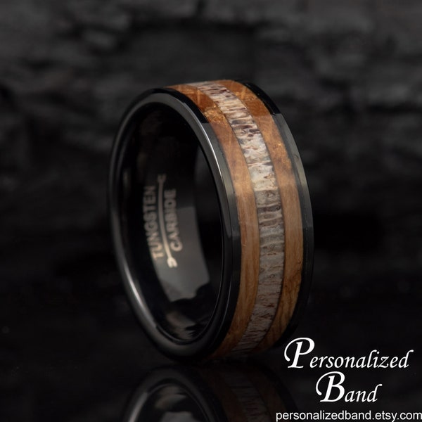 Men's Black Tungsten Wedding Band with Deer Antler & Whiskey Barrel, Wedding Ring for Man, Personalized Anniversary Gift, Outdoorsman Ring