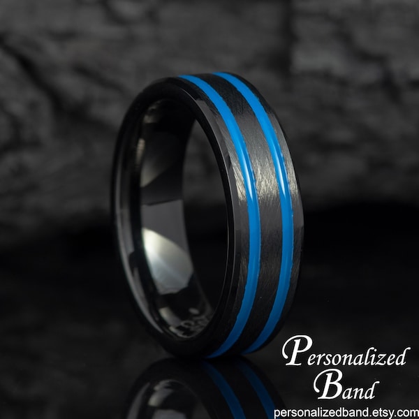 Tungsten Wedding Anniversary Band Matching Set for Him Her, Custom Laser Engrave Blue Stripe Promise Ring for Couples, Gift for Husband Wife