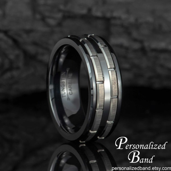 Two Tone Brick Pattern Tungsten Wedding Ring for Man, Comfort Fit Personalized Men's Modern Anniversary Ring, Unique Wedding Band for Groom