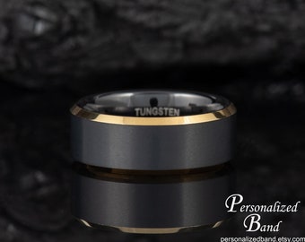 Wedding Ring for Him, Black & Yellow Tungsten Anniversary Ring, Personalized Tungsten Ring Brushed, His Engagement Ring, Men's Promise Band