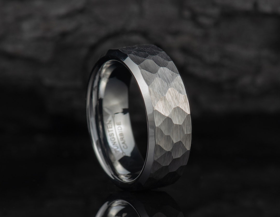 Men's Wedding Band Gray Hammered Beveled Edge Engagement Ring for Him ...