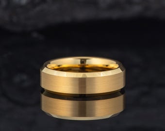 Gold Promise Ring for Men Women, Comfort Fit Tungsten Band with Brush Finish Center Polished Beveled Edge Ring, Gold Wedding Band