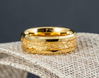 Unique Promise Ring for Boyfriend, Comfort Fit Gold Tungsten Ring with 18k Gold Foil Inlay, Perfect Gift for Fiance