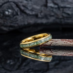 Personalized Moss Agate Wedding Band for Women, Men&#39;s Wedding Promise Ring, Tungsten Gold Wedding Ring, Green Moss Agate Ring, Matching Gift