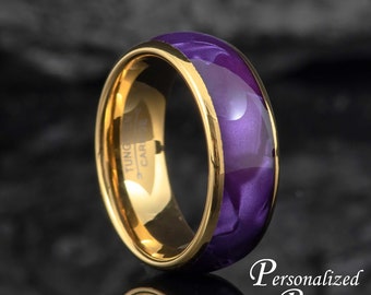 Dome Gold Tungsten Wedding Anniversary Band for Men, Purple Cowrie Inlay Tungsten Ring, Comfort Fit Modern Engagement Ring, Gift for Him