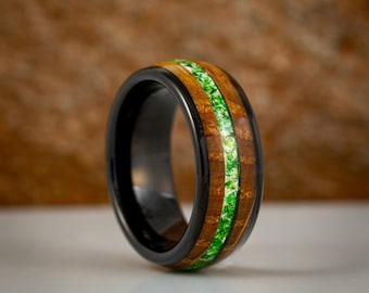 8mm Black Tungsten Wedding Band with Moss Agate & Whiskey Barrel Inlay for Men, Rustic Anniversary Gift Husband, Personalized Ring