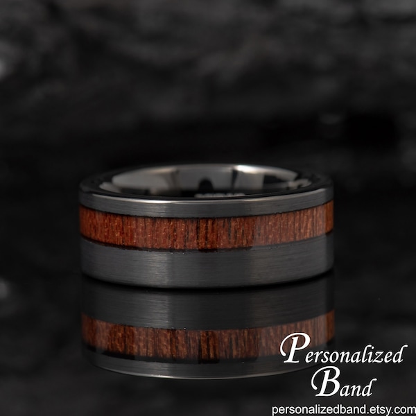 Mens Personalized Black Tungsten Wedding Band, Hawaiian Koa Wood Inlay Wedding Ring for Him, Anniversary Ring for Men, His Promise Ring Gift