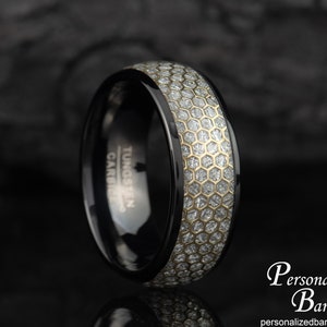 Mens Honeycomb Wedding Anniversary Ring, Unique Engagement Band for Him, Male Promise Ring, Meteorite Dome Black Tungsten Ring, Gift for Men