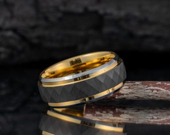 Personalized Promise Ring for Men, Dual-tone Men's Band, Black & Yellow Gold Finish Tungsten Ring, Gift for Fiance