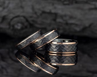 His and Hers Wedding Ring Set, Matching Couples Ring, Black Rose Gold Hammered Wedding Band, Tungsten Engagement Ring, Anniversary Gift
