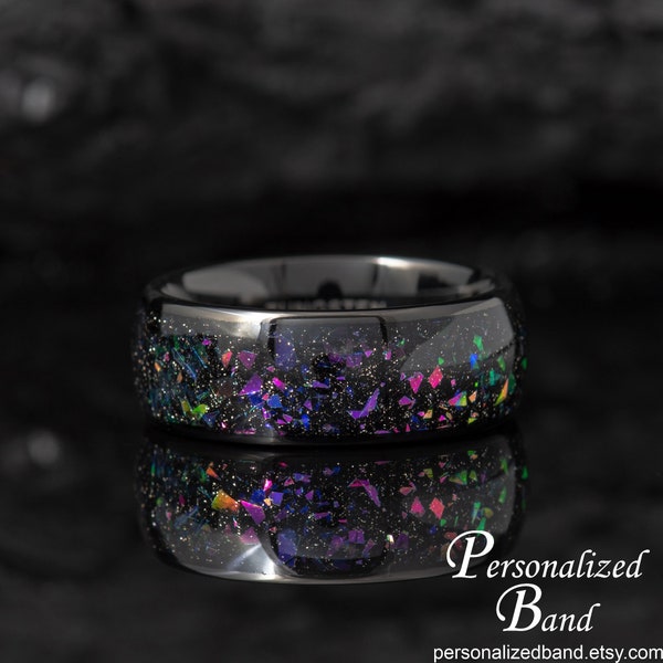 Personalized Man Wedding Ring - Nebula Ring, Galaxy Wedding Band, Tungsten Outer Space Ring, Abalone & Opal Ring, Anniversary Gift for Man