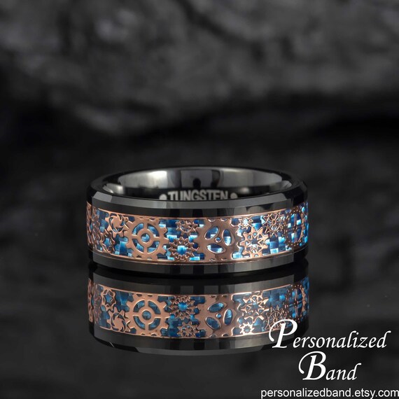 Steampunk Gear Tungsten Carbide Wedding Band - Polished Or Black, 6mm/8mm Width, Comfort Fit Ring