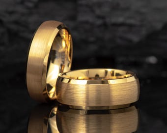 6mm 8mm Personalized Gold Tungsten Wedding Band, Dome, Classic Gold Wedding Ring, Gold Ring, Couple&#39;s Matching Band, Tungsten Carbide Ring
