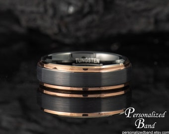 Modern Men's Tungsten Anniversary Ring, Black Tungsten Ring with Rose Gold, Men's Promise Ring, Personalized Wedding Band for Him, Man Ring