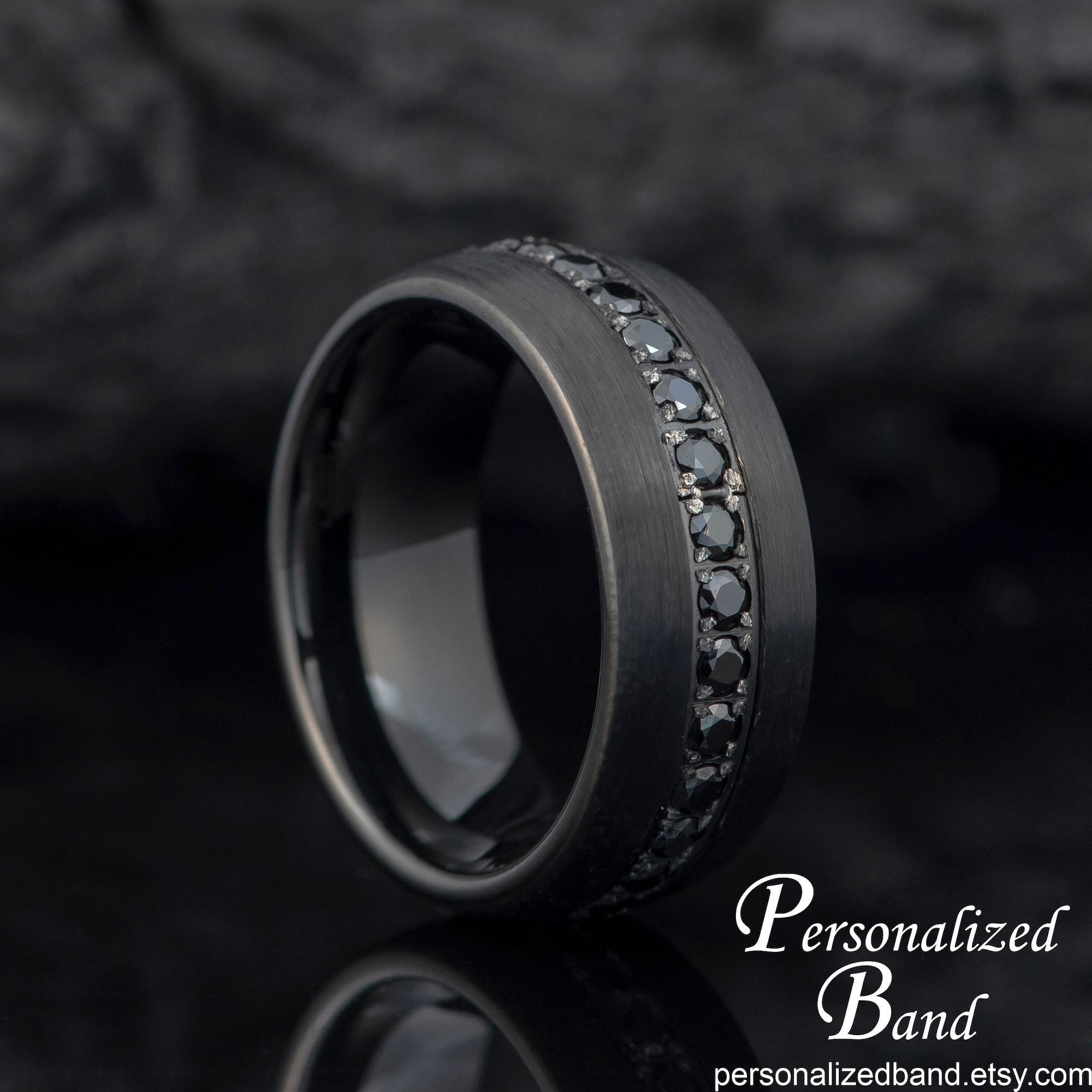 Black Tungsten Ring for Men, Custom Engraved Men's Wedding Band, Promise Ring for Him, Black CZ Eternity Engagement Ring, Dome, Gift for Man