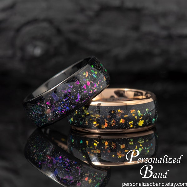 Personalized Man Wedding Ring - Galaxy Wedding Band, Nebula Ring, Tungsten Outer Space Ring, Abalone & Opal Ring, Anniversary Gift for Man