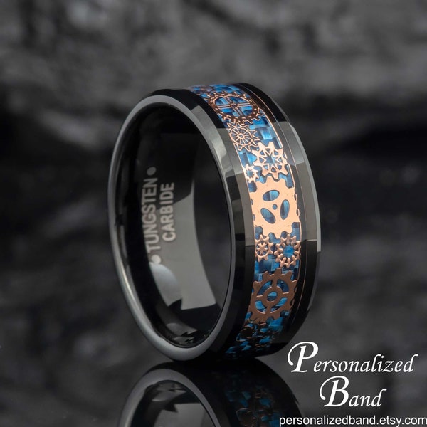 Rose Gold Wheel Gear Black Tungsten Wedding Ring for Men, Steampunk Mechanical Gear over Blue Carbon Fiber Inlay Tungsten Wedding Band Man